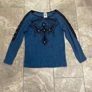 Vocal Apparel studded blue black cross faux leather long sleeve shirt‎ M